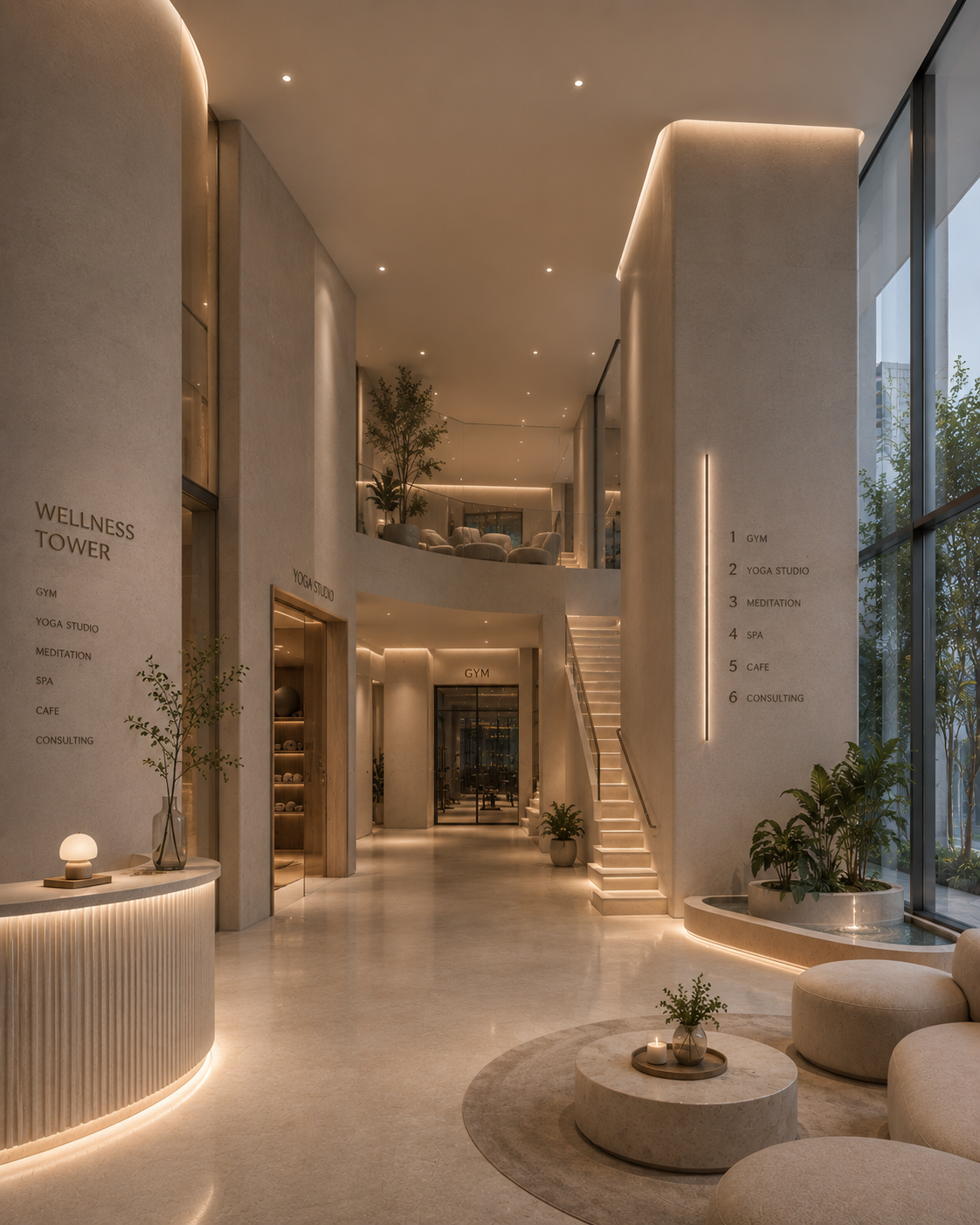Concept rendering of a multi-floor wellness tower interior
